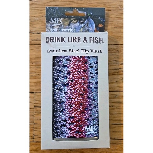 New Montona Fly Company Stainless Steel Hip Flask 8oz Color Rainbow Trout Skin - Picture 2 of 5